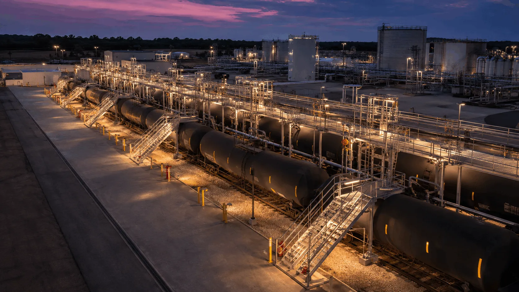 Engineered loading access equipment beside railcars