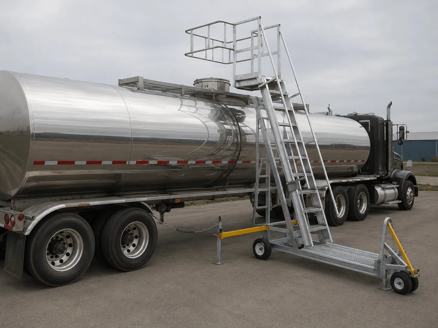 Portable wheeled loading-access platform positioned beside a railcar