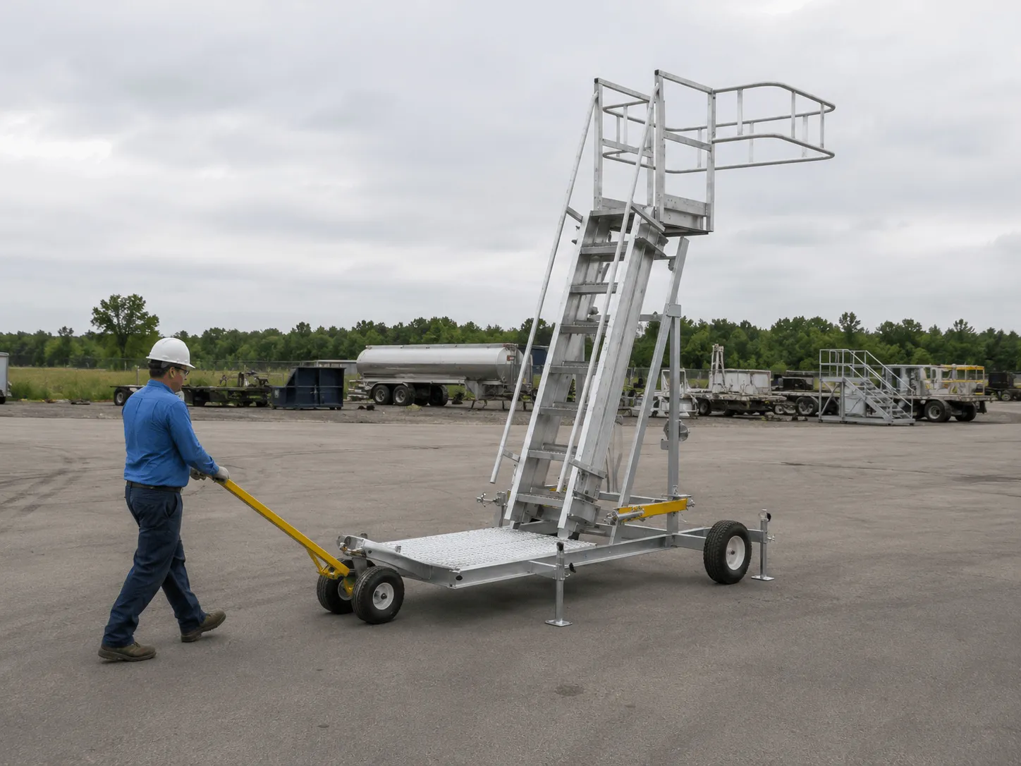 Portable wheeled access platform at a rail loading site