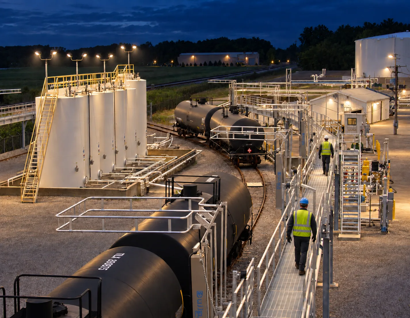 Multiple tank railcars beside a canopy-free access platform following a curved rail line at dusk
