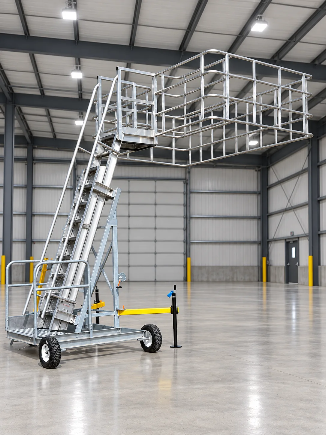 Side-loader portable hopper-car access unit with stairs, wheeled base, and extended guarded platform