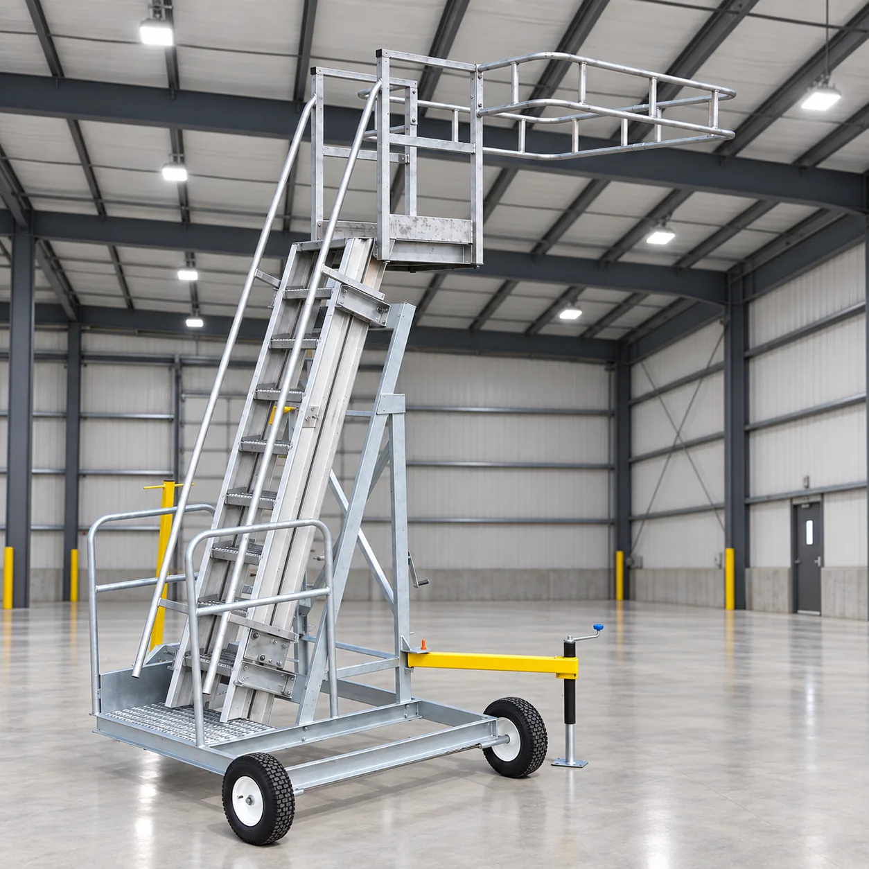 Side-loader tank rail-car portable unit with stairs, wheeled base, and offset access cage