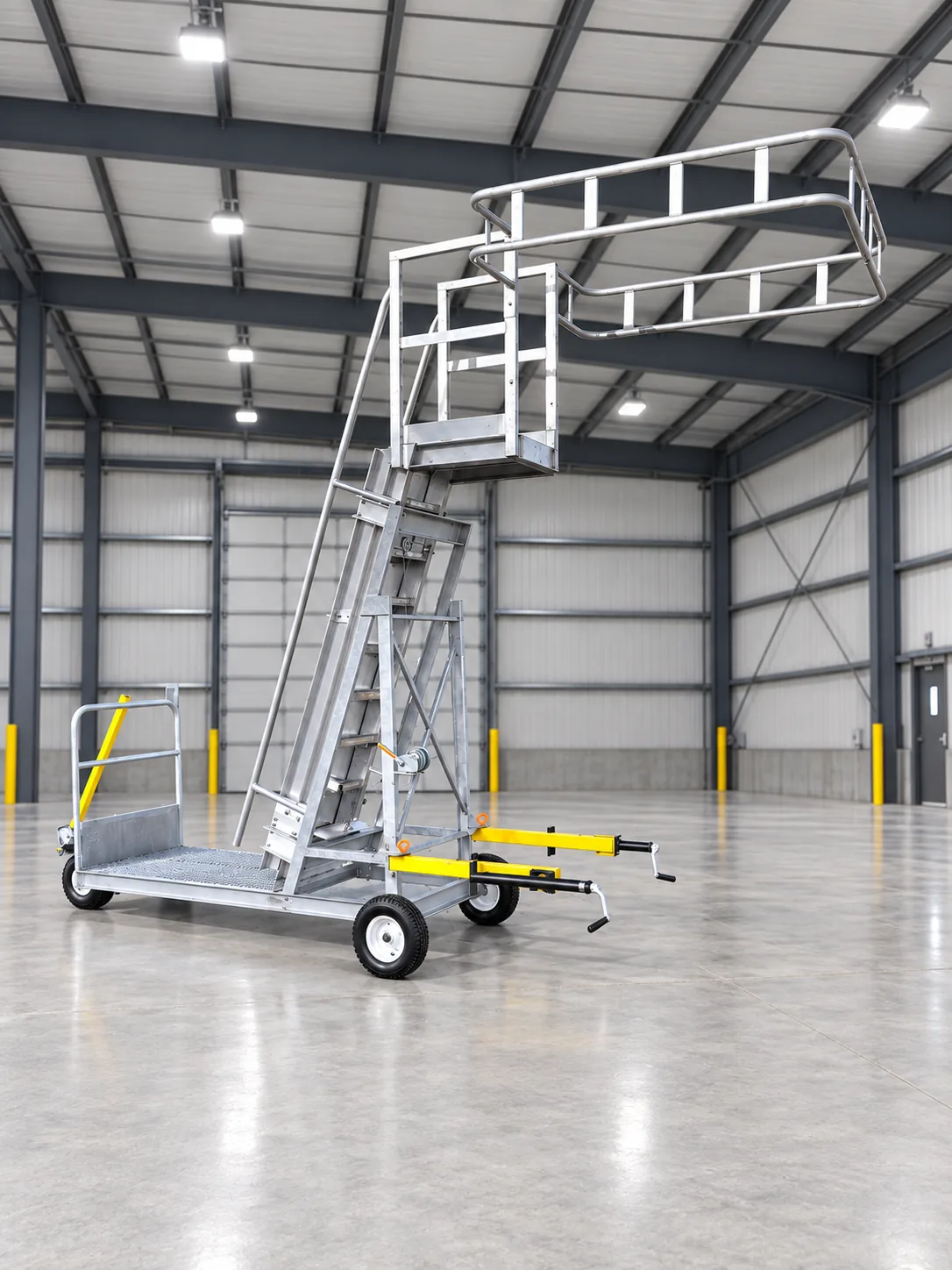 Standard portable rail tank-car access rack with wheeled base, stairs, and top platform