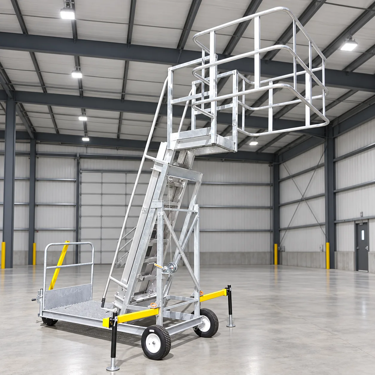 Standard tank-truck portable access unit with wheeled base, stairs, and guarded top platform